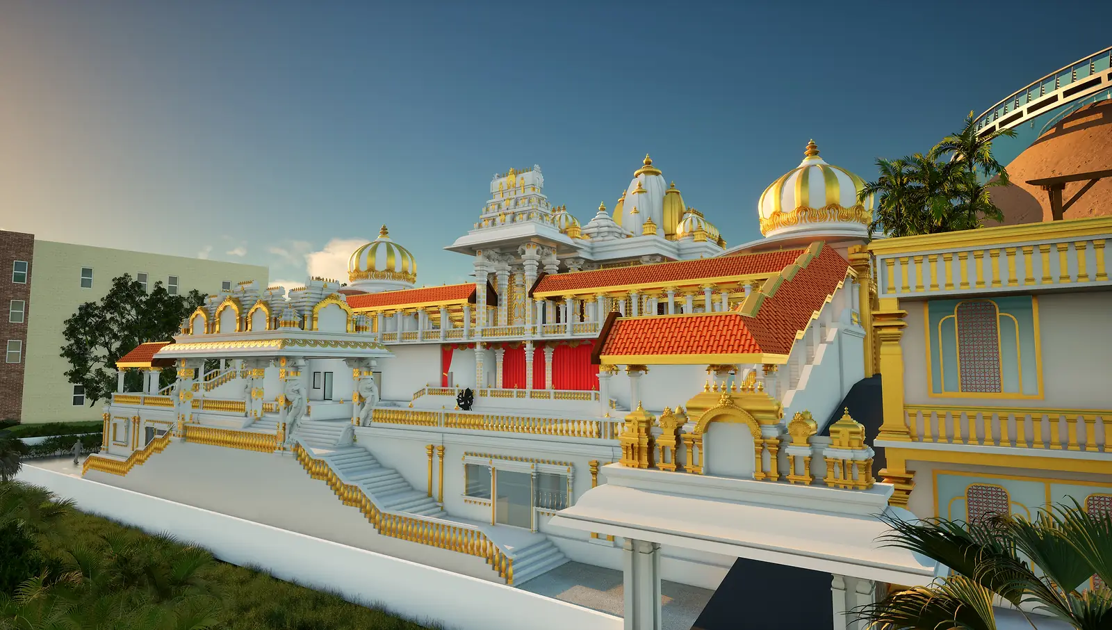 Along the side elevation — the new temple at the Vedic Cultural Centre, Nallagandla