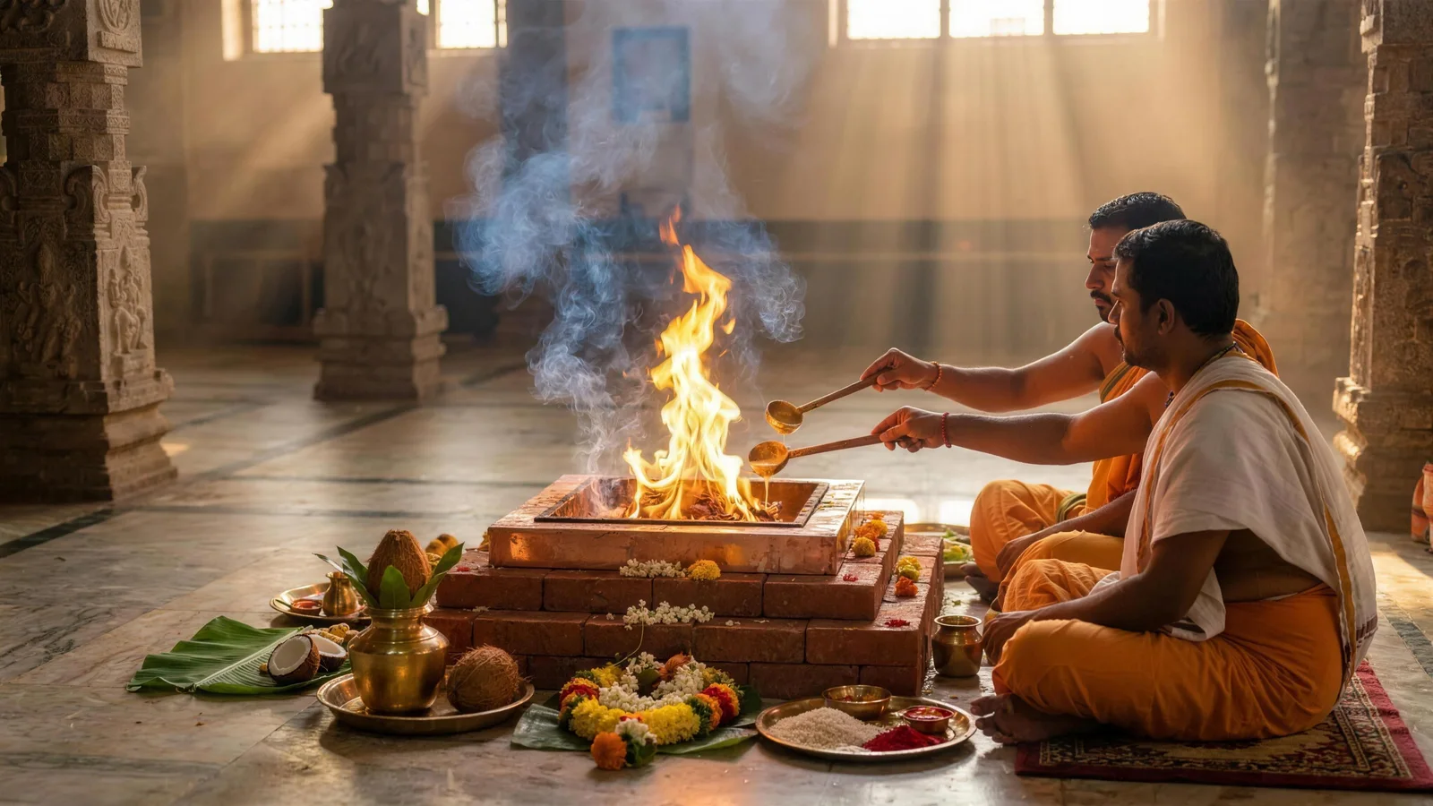 Pujaris offering ghee into the sacred fire at a Vedic yagna in the temple hall