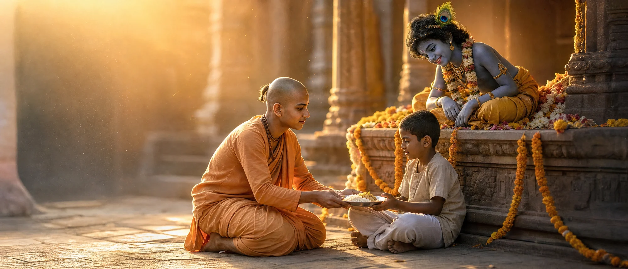 A Vaishnava serving prasadam to a child while Krishna, above, watches and blesses the offering